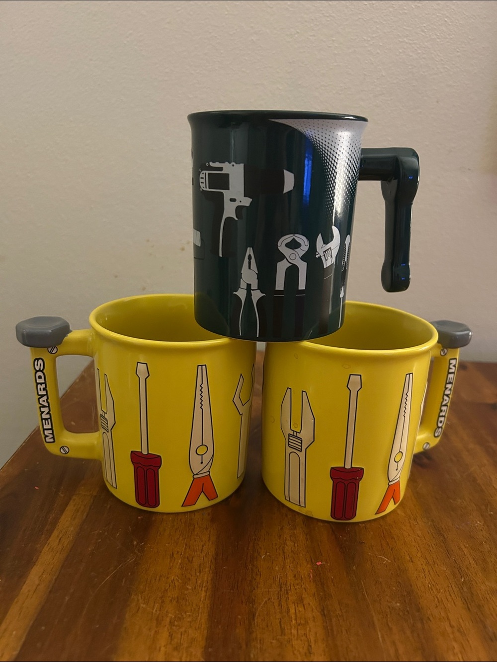 2 Menard's Yellow Tool Pattern Ceramic Mug - Set of 2 plus 1 Dark Green Tool Mug
